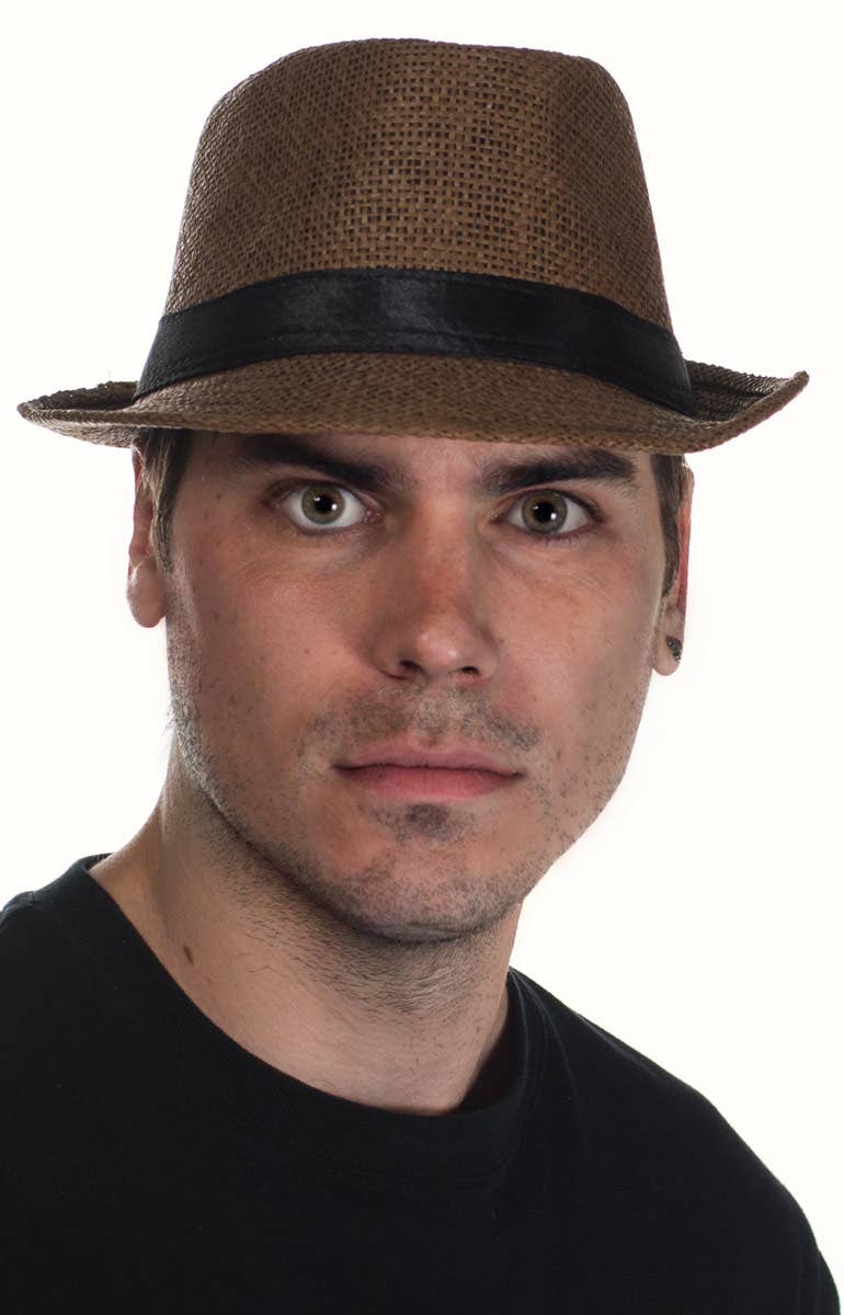 Brown Coloured Woven Straw Trilby Hat
