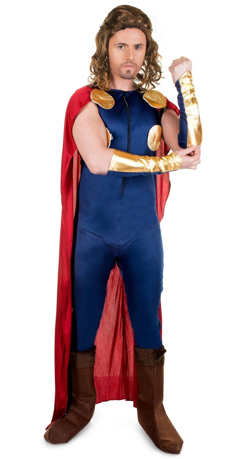 Men's Blue and Red Viking Superhero Thor Costume Jumpsuit
