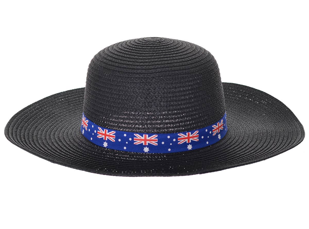 Wide Brimmed Black Straw Hat with Australian Flags on Hat Band Close Up Image