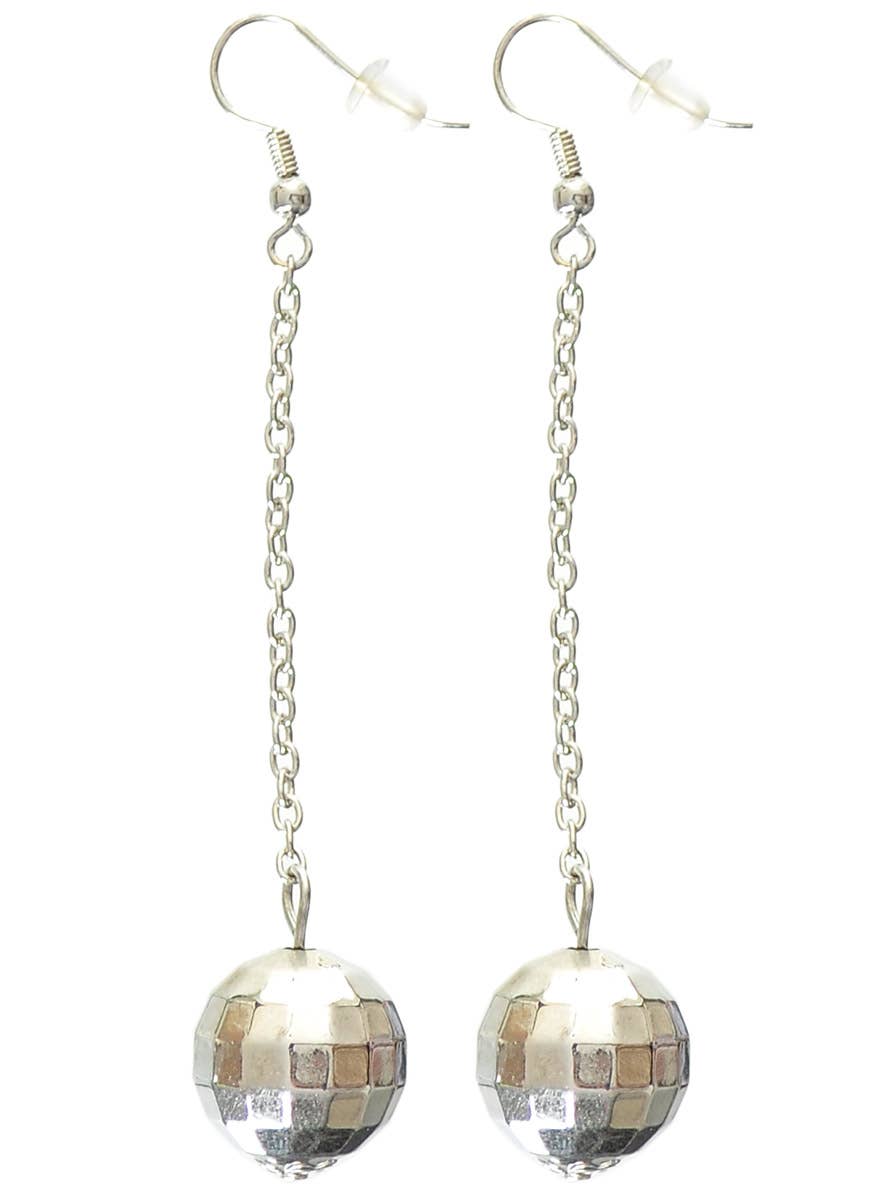 Dangling Silver 70's Disco Ball Costume Earrings - Main Image
