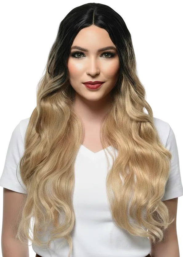 Women's Honey Blonde Rooted Curly Synthetic Fashion Wig with Lace Part - Main Image