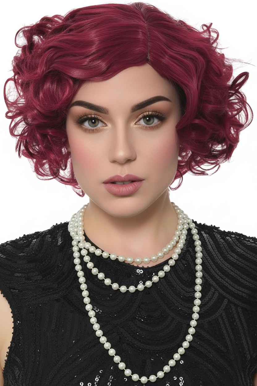 Extra Short Curly Burgundy Flapper Wig for Women - Main Image