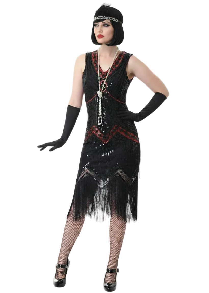 Women's Deluxe Black and Red Sequinned 1920s Gatsby Dress Costume - Main Image