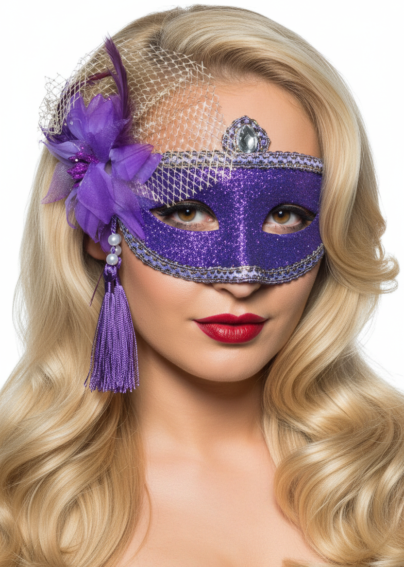 Womens Purple Glitter Mask with Flower Side Feather Costume Masquerade Mask - Main Image