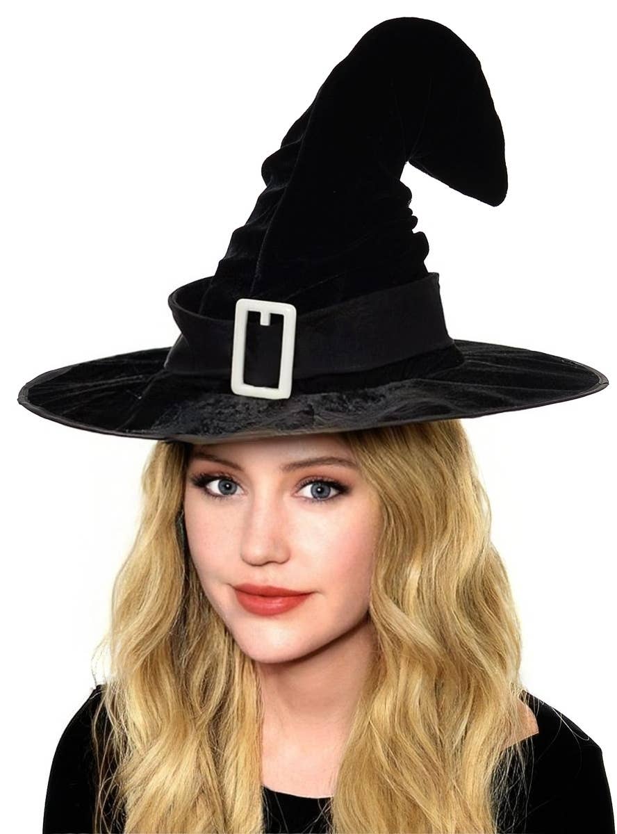 Deluxe Black Velvet Crooked Witch Hat with Buckle