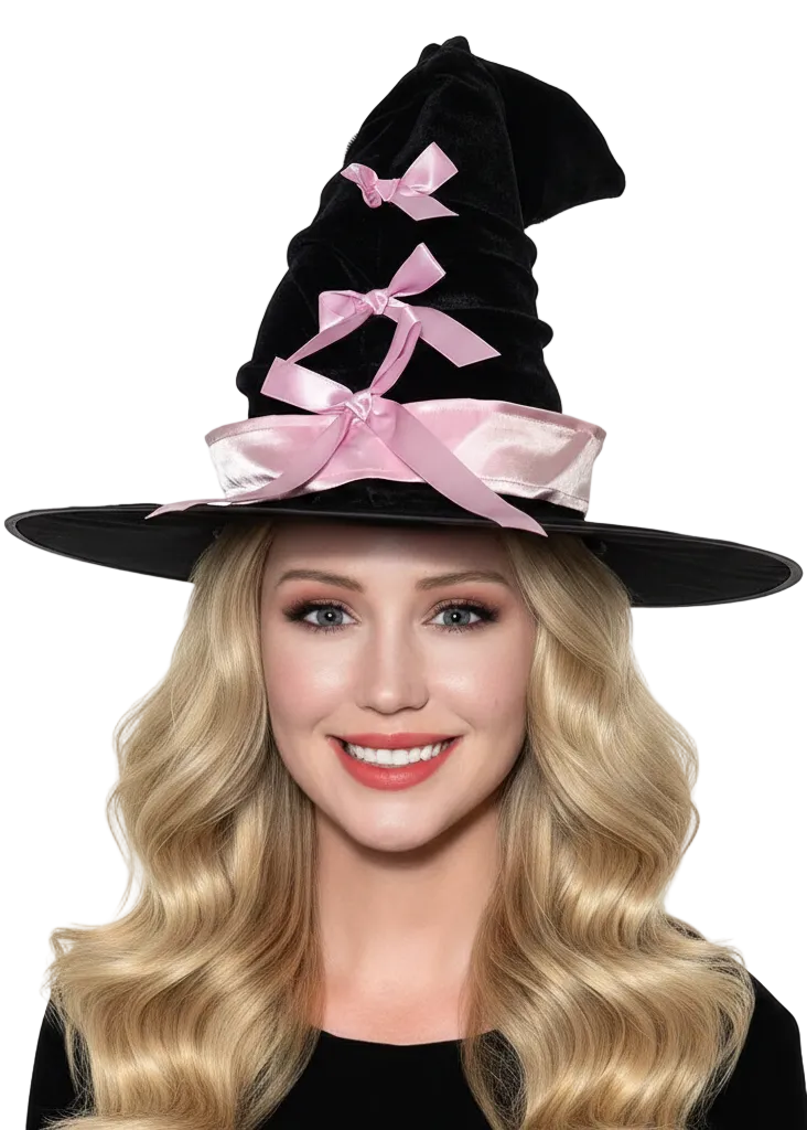 Plush Black Velvet Crooked Witch Hat with Pink Satin Bows - Main Image