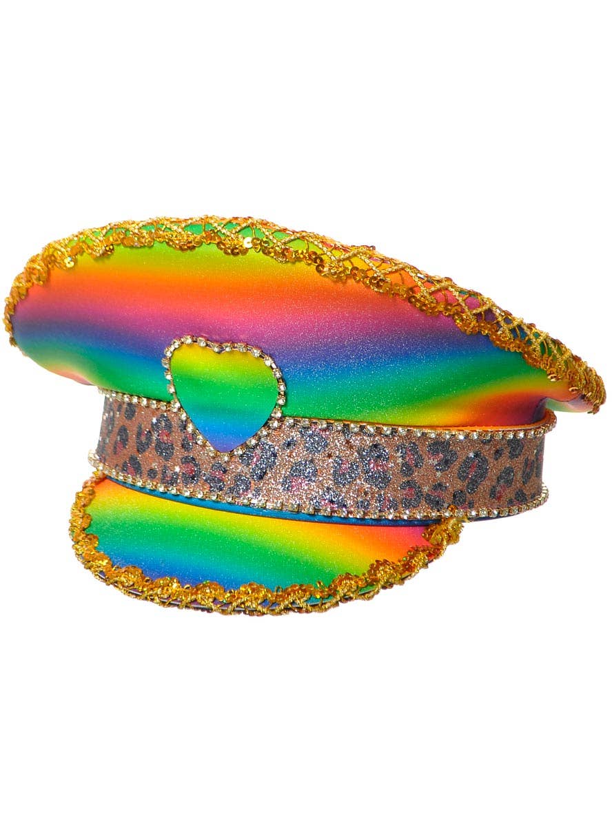 Image of Deluxe Glittery Rainbow Heart Mardi Gras Festival Hat - alternative image