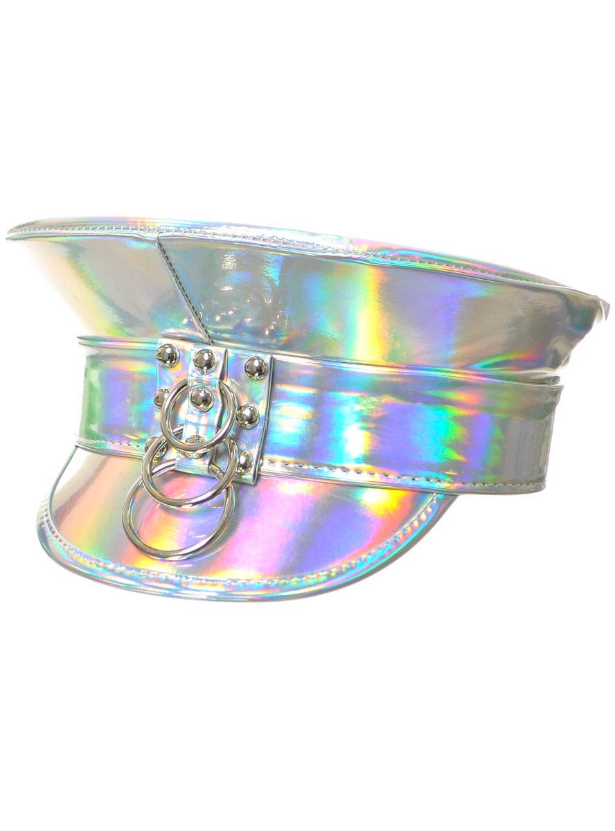 Image of Deluxe Peaked Iridescent Silver Vinyl Cap Festival Hat - alternative image