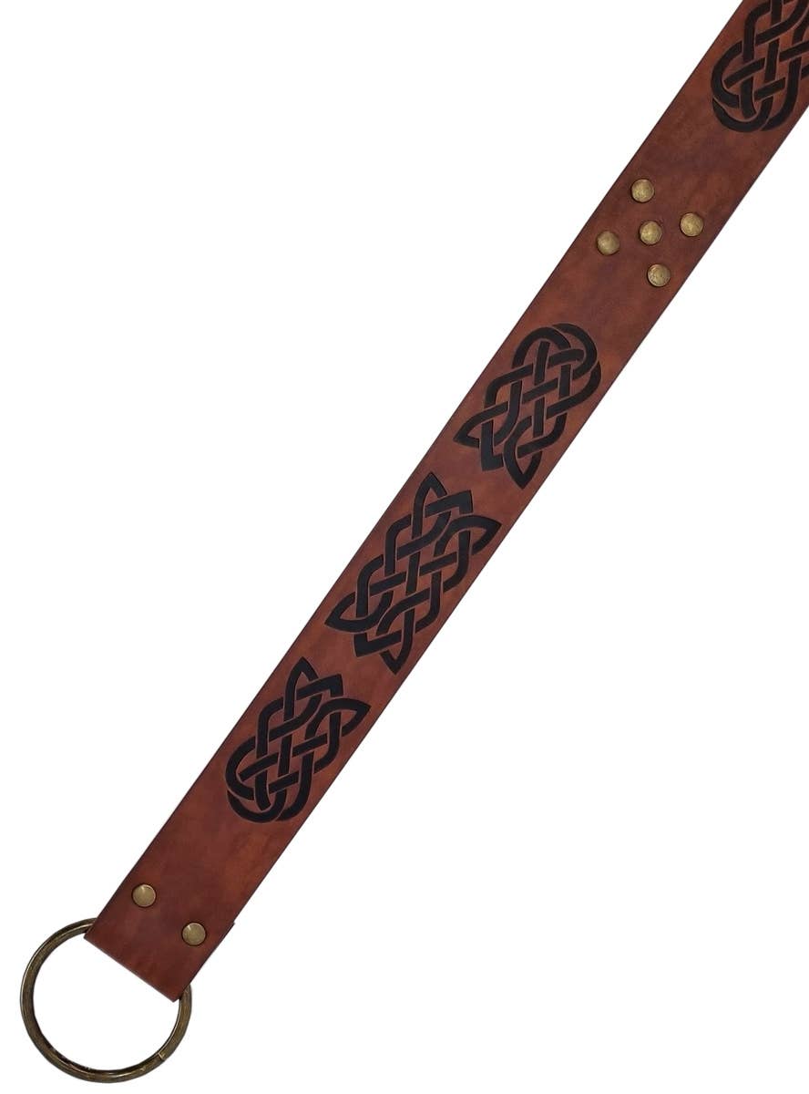 Image of Long Brown Leather Look Celtic Print Costume Belt - Close Image