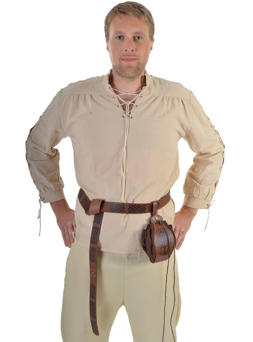 Image of Long Brown Leather Look Celtic Print Costume Belt - Alternative Image
