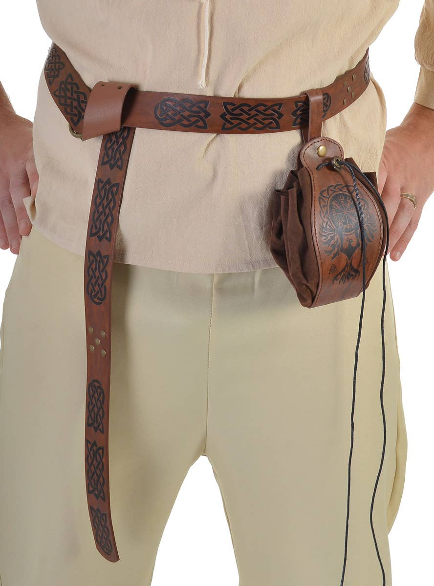 Image of Long Brown Leather Look Celtic Print Costume Belt - Main Image