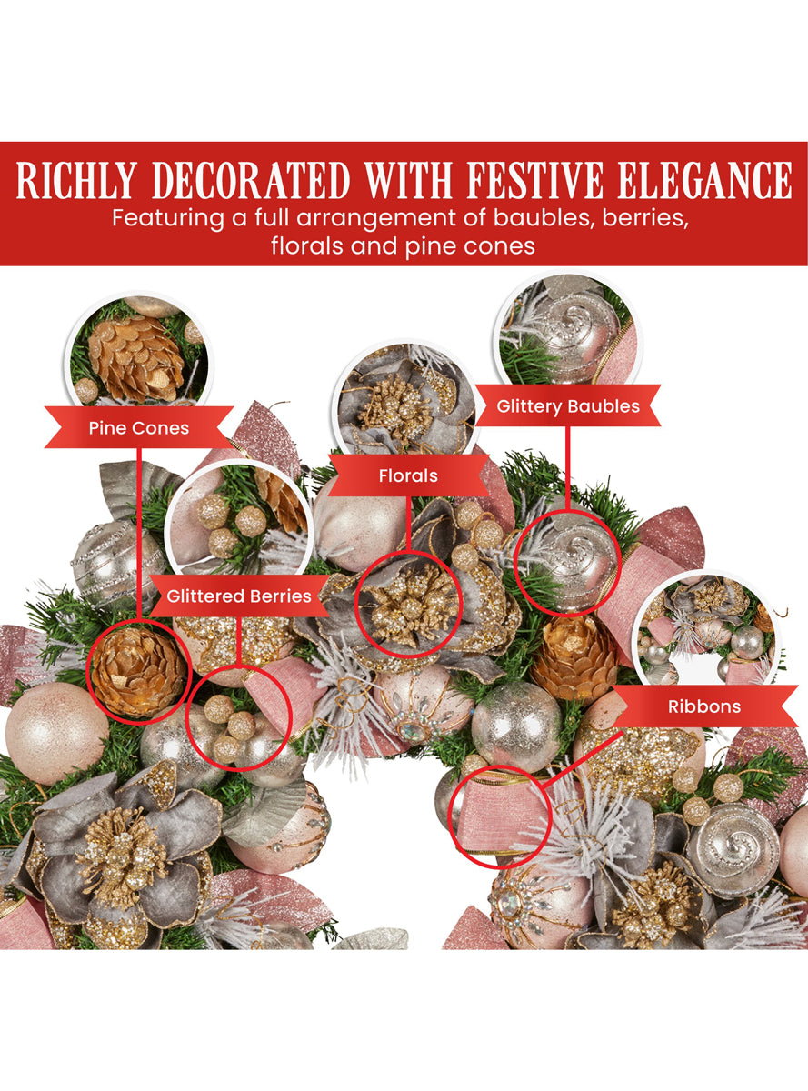 Deluxe Lush 71cm Christmas Wreath with Pink Baubles and Decorations - Info Image 3