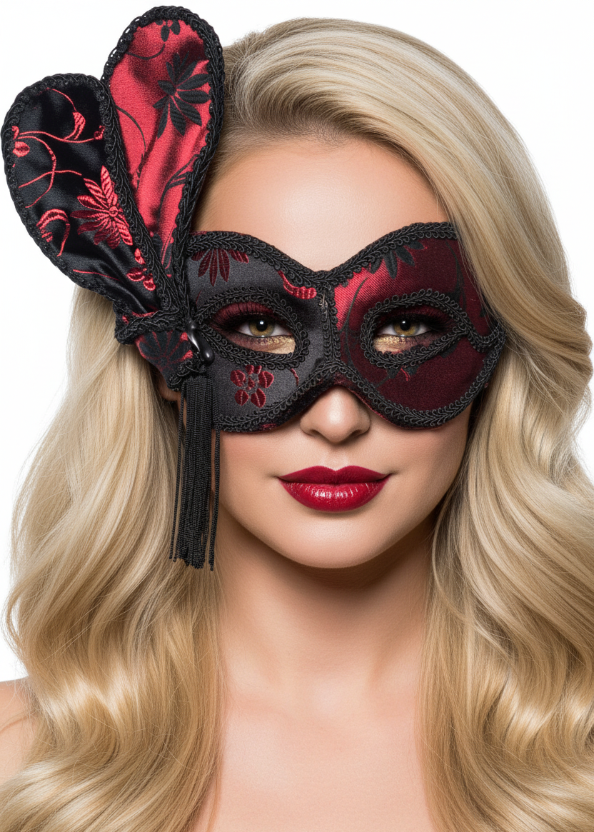 Women's Deluxe Red and Black Brocade Masquerade Mask - Without feather Feather image