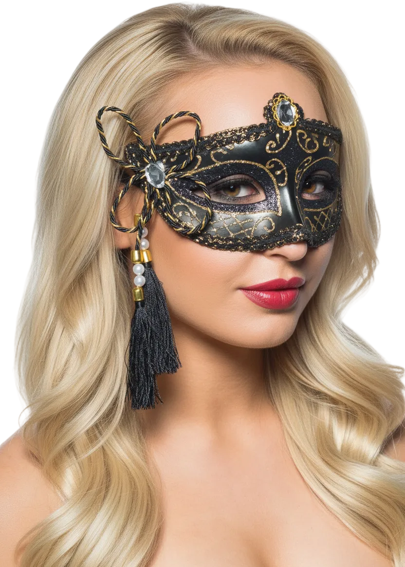 Tassel Venetian Masquerade Mask Black and Gold Genuine Elevate Costumes - Main Image