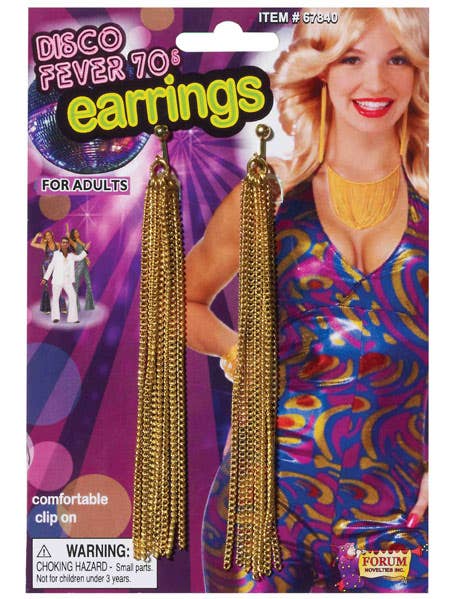 Tasselled Gold Clip On 70's Disco Costume Earrings