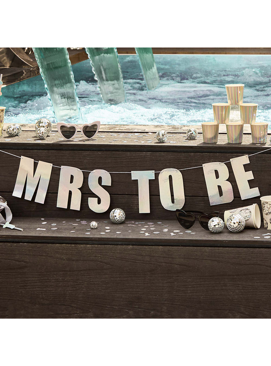 Disco Hen Night 2m Long Silver Iridescent Mrs To Be Banner - Lifestyle Image