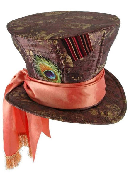 Deluxe Mad Hatter Brown Hat Orange Sash with Peacock Feather Costume Accessory