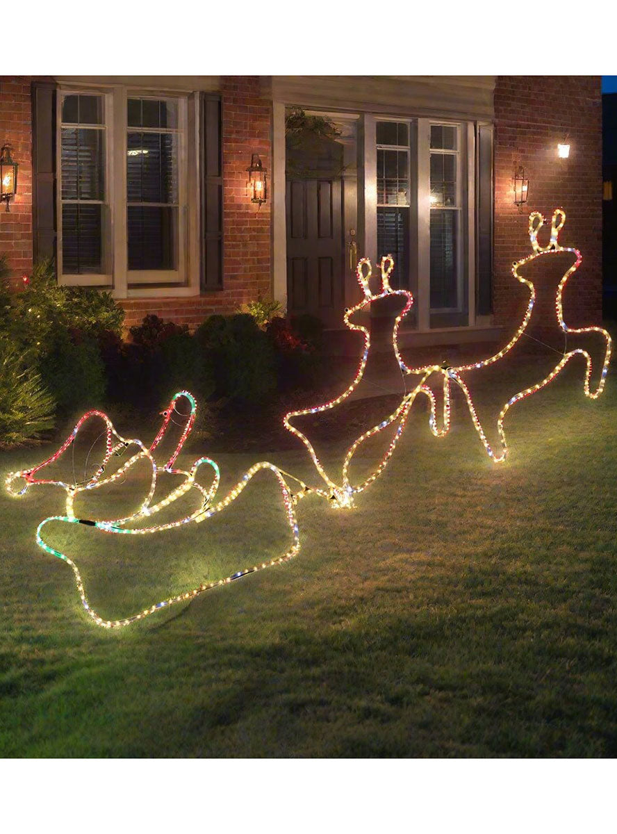 Double Reindeer and Santa in Sleigh Twinkling Rope Light Christmas Decoration - Alternate Image