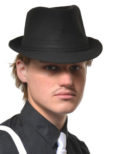 Men's Black Faux Wool Gangster Trilby Costume Hat - Main View