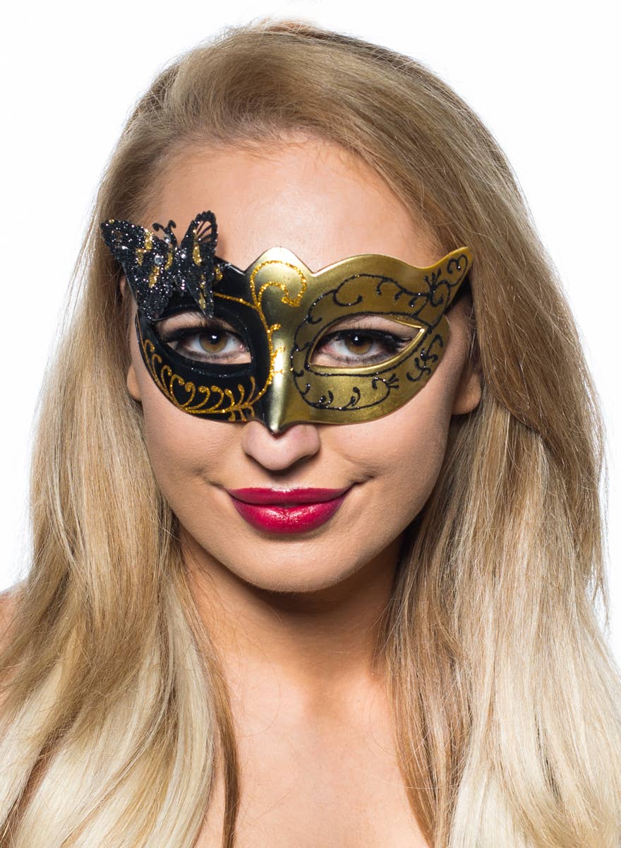 Womens Black and Gold Butterfly Masquerade Mask - Main Image