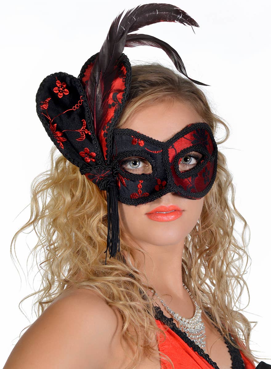 Women's Deluxe Red and Black Brocade Masquerade Mask With Feather