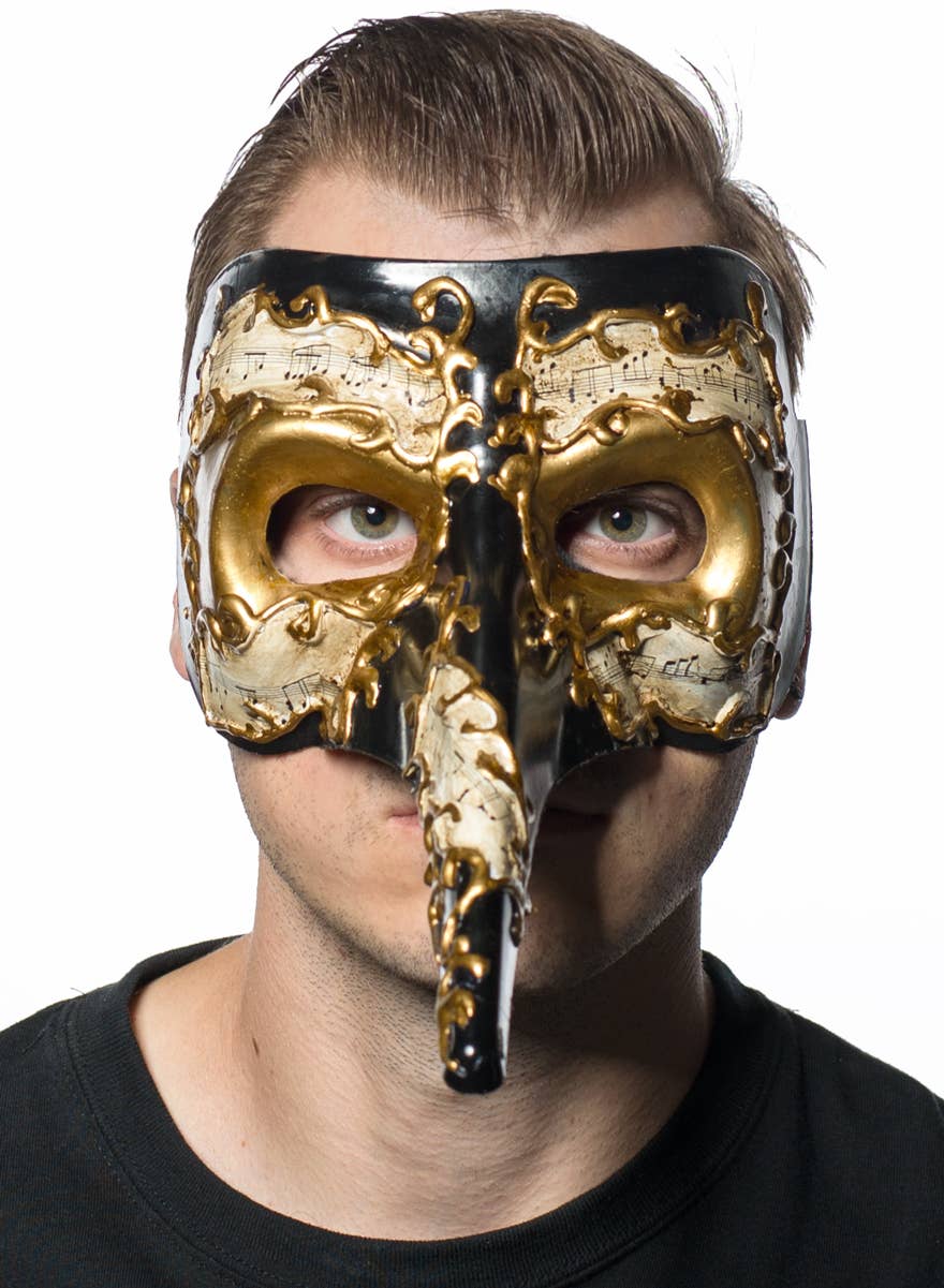 Men's Venetian Long Nose Masquerade Mask with Music Notes - View 2