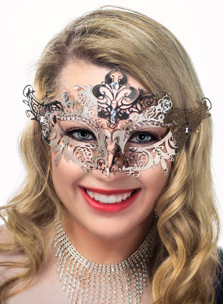 Women's Light Weight Silver Metal Masquerade Mask view 4