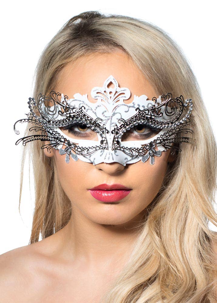 Women's White Cut Out Masquerade Costume Mask With Silver Metal Overlay Main Image