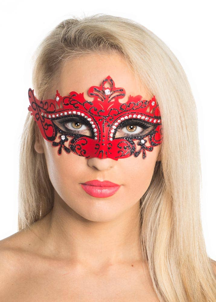 Red Womens Cut Out Masquerade Ball Mask with Rhinestones - Main Image