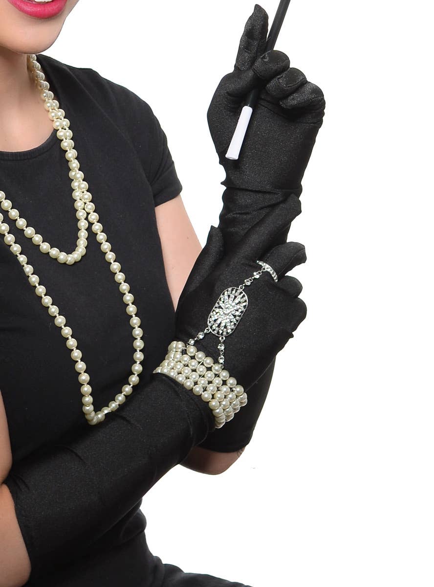 Deluxe 5 Piece 20s Gatsby Flapper Costume Accessory Set - Black Satin Gloves Image