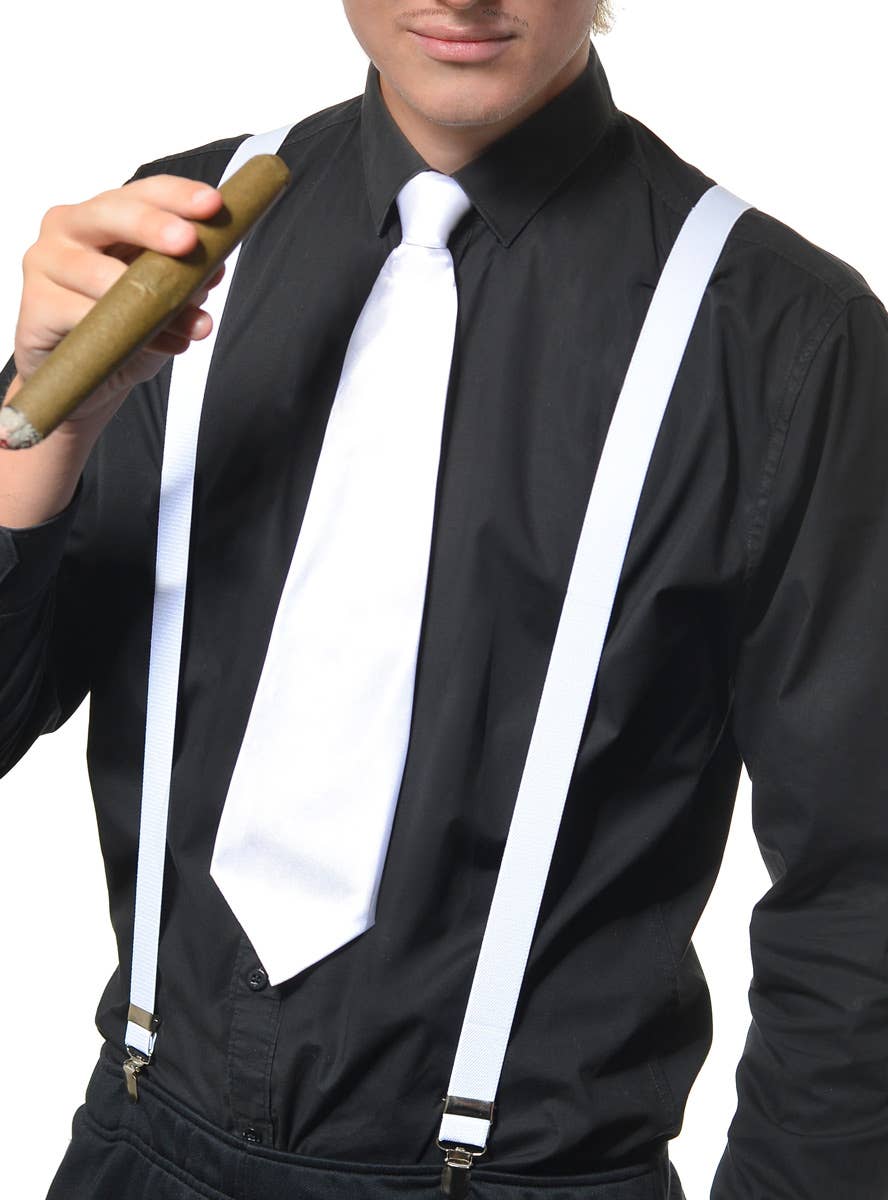 White Elastic Gangster Suspenders Braces Front Close View