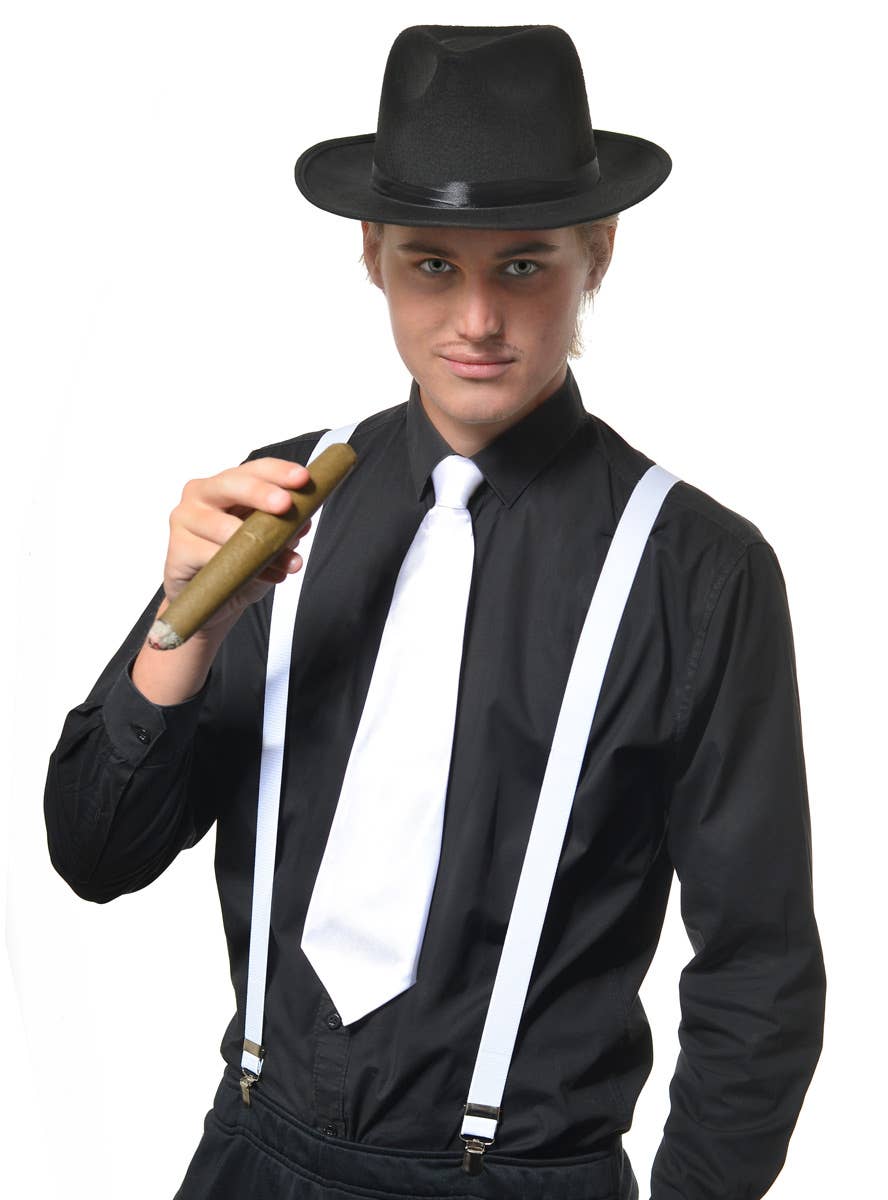 White Elastic Gangster Suspenders Braces Front View