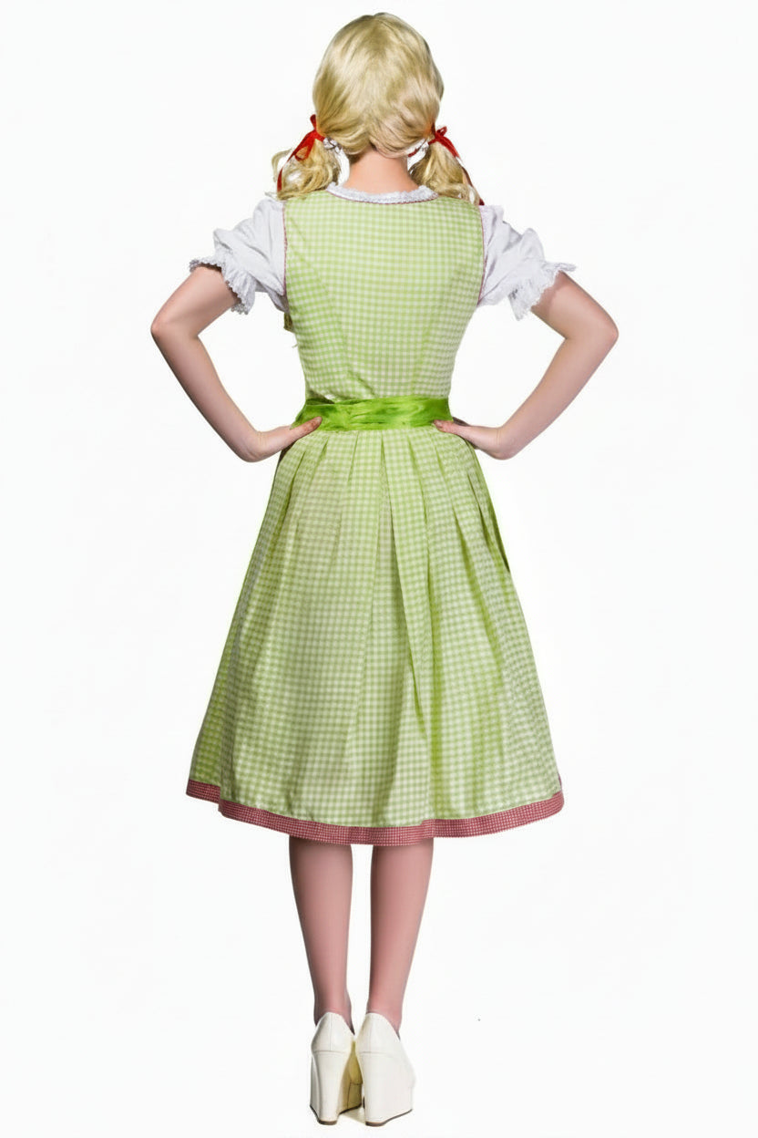 Green and White Checkered Women's Long Oktoberfest Costume Back View