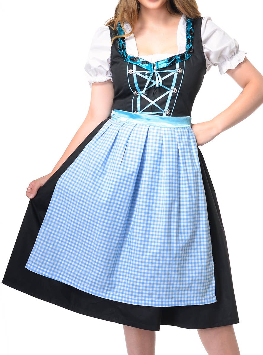 Women's Blue and Black Checkered Long Oktoberfest Costume Dress Close Up Bodice Image