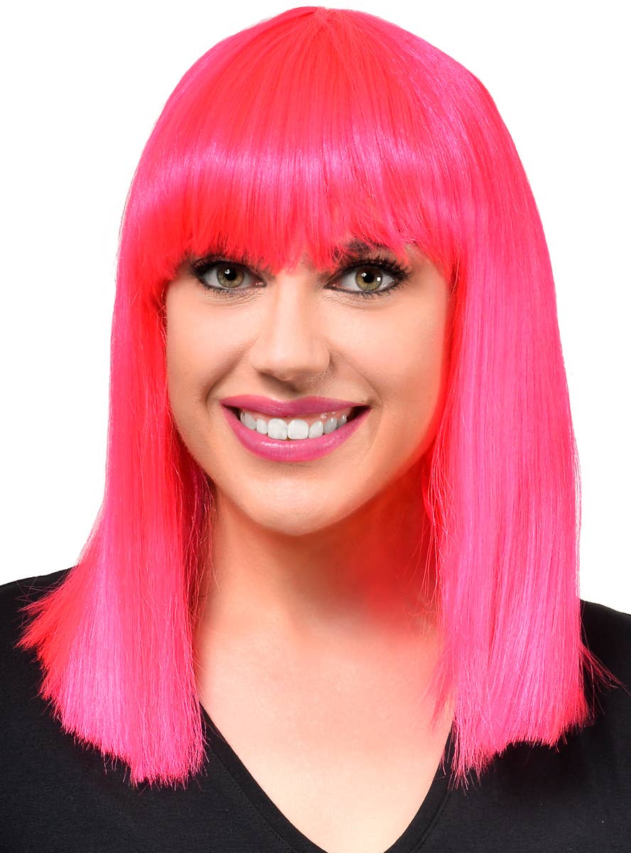 Image of Mid Length Hot Pink Women's Bob Wig with Fringe - Front View