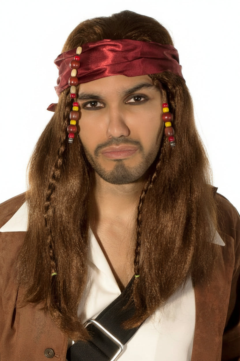 Image of Caribbean Pirate Men's Long Brown Wig and Head Scarf