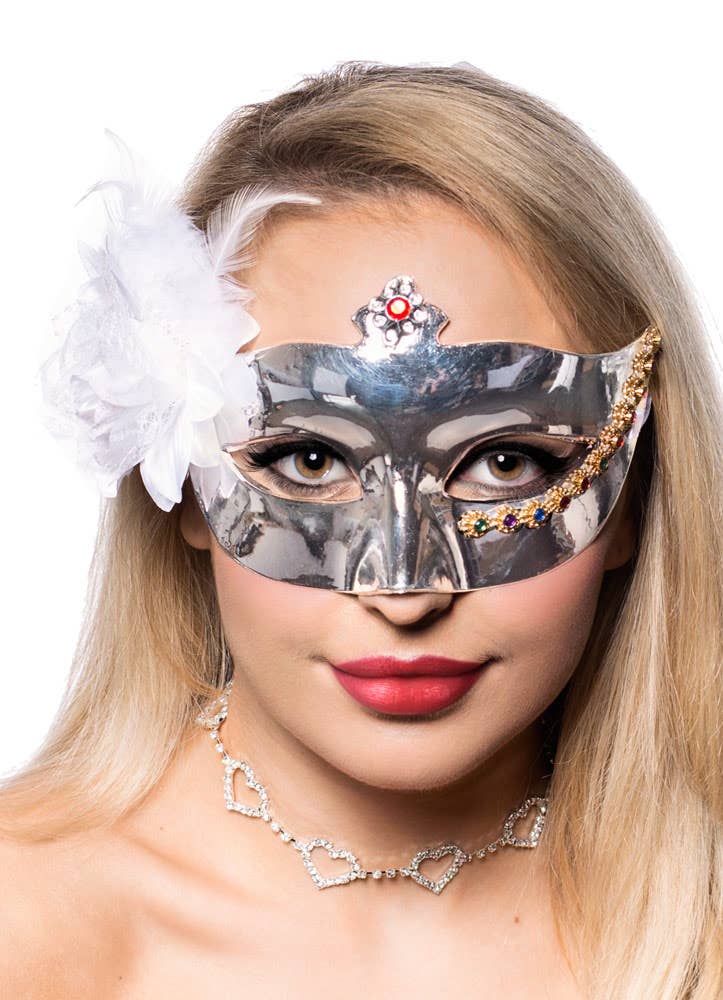 Mirror Finish Silver with White Flower Mask with Feathers - Front View