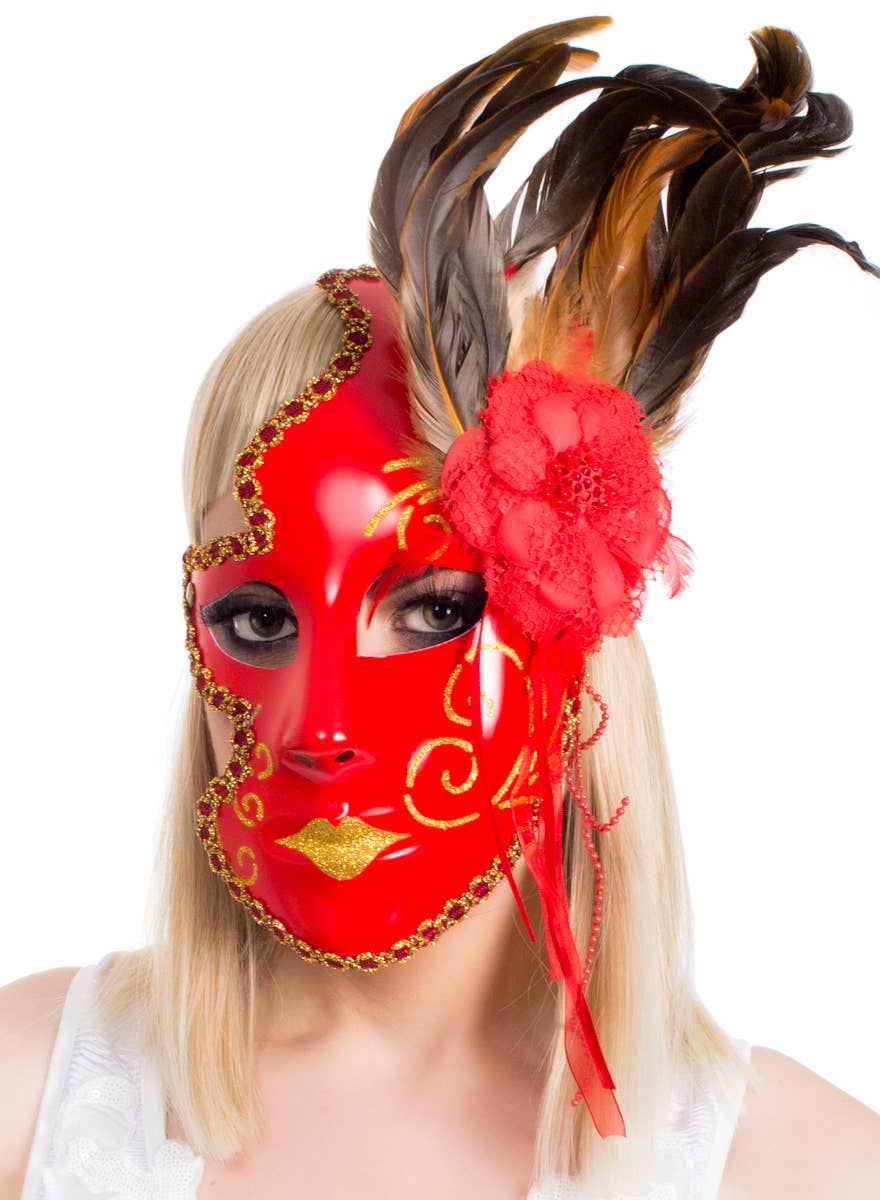 Red 3/4 Face Masquerade Mask With Feathers - Main Image