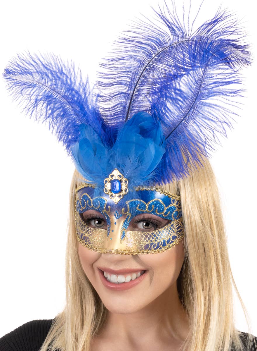 Womens Blue and Gold Masquerade Mask with Tall Feathers - Alternate Image