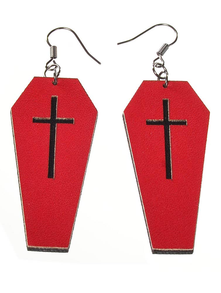 Women's Red Coffin Black Crossed Fish Hook Earrings Halloween Costume Jewellery Front Close Up Image