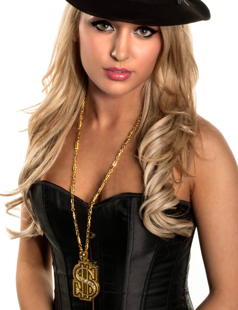 Chunky Gold Bling Dollar Sign Costume Necklace - Alternative View 3
