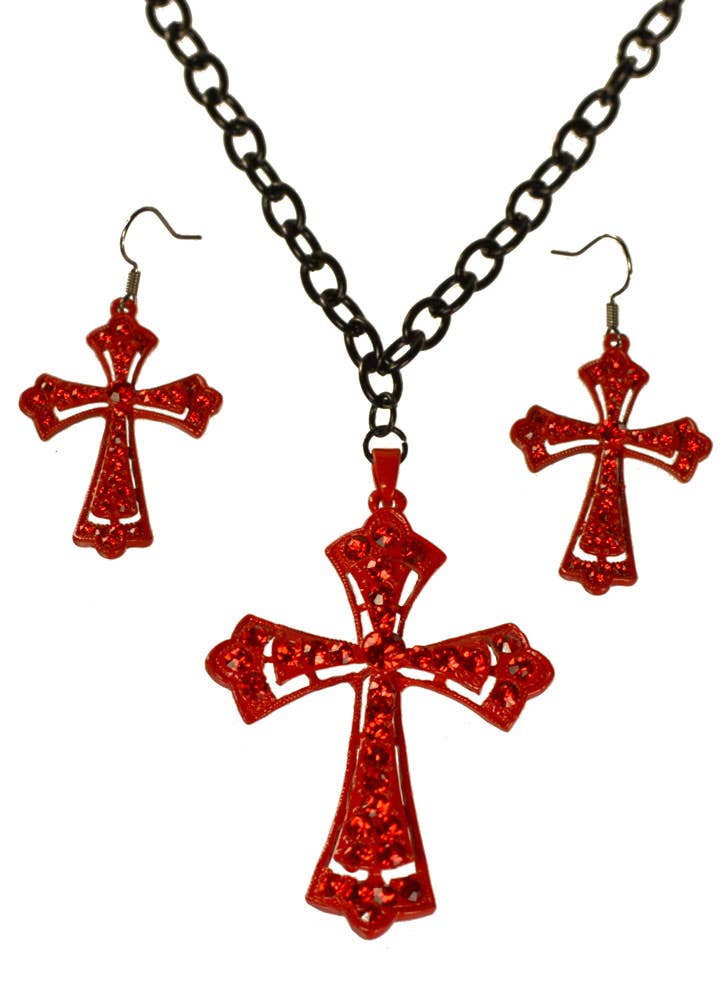 Women's Red Gothic Cross and Earrings Halloween Costume Jewellery Set Close Up Image