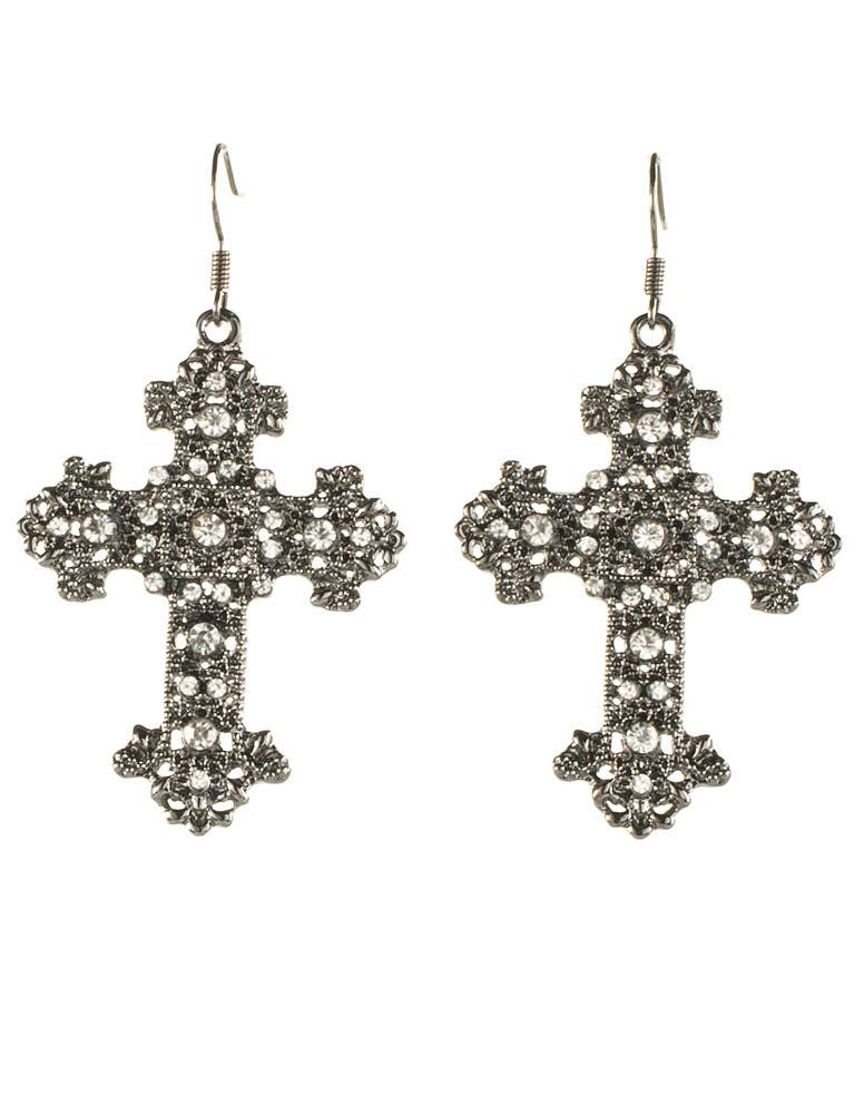 Women's Gun Metal Black Crosses Halloween Gothic Costume Earrings Jewellery Close Up Image