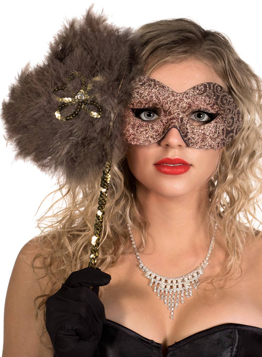 Hand Held Caramel Brown Glitter Swirl Masquerade Mask