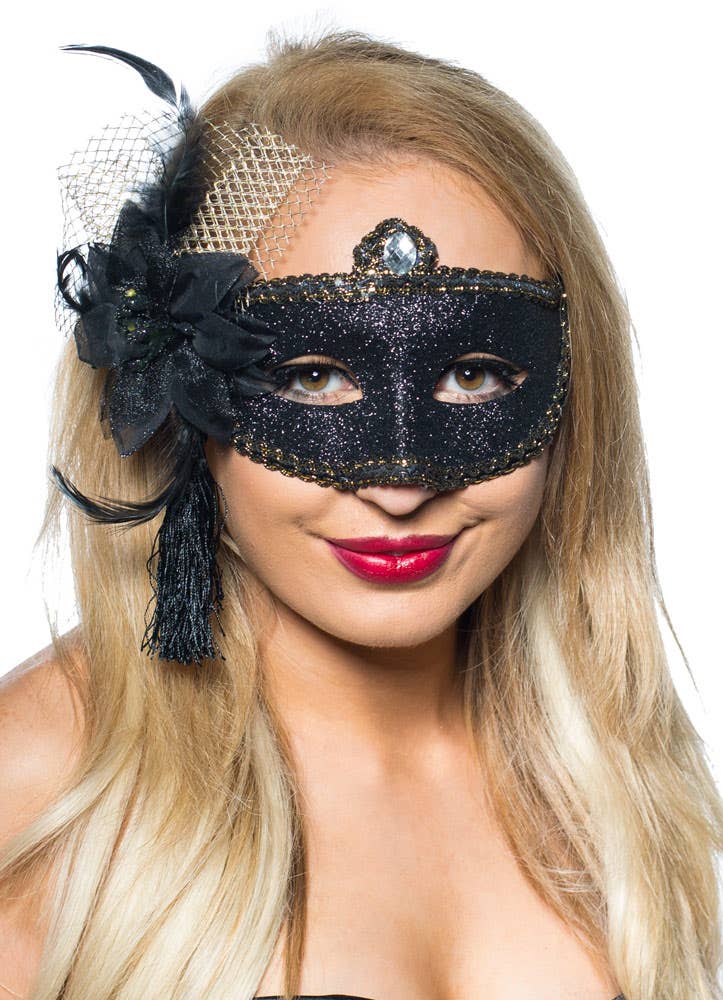 Womens Black And Gold Glitter Mask with Flower Side Feather Costume Masquerade Mask - Main Image