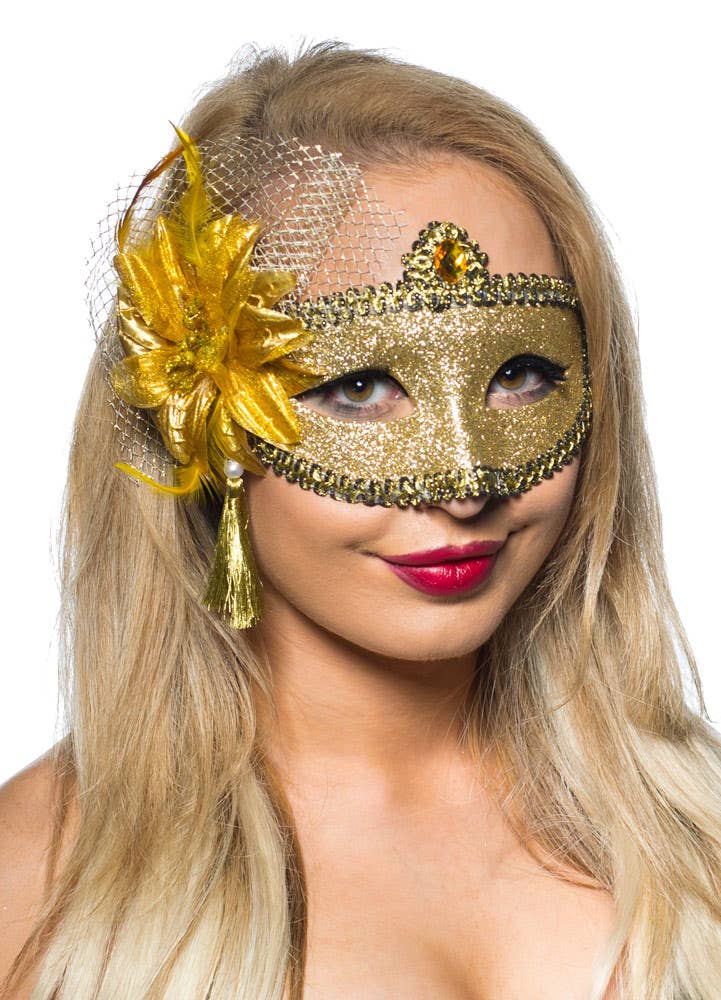 Womens Gold Glitter Mask with Flower Side Feather Costume Masquerade Mask - Main Image
