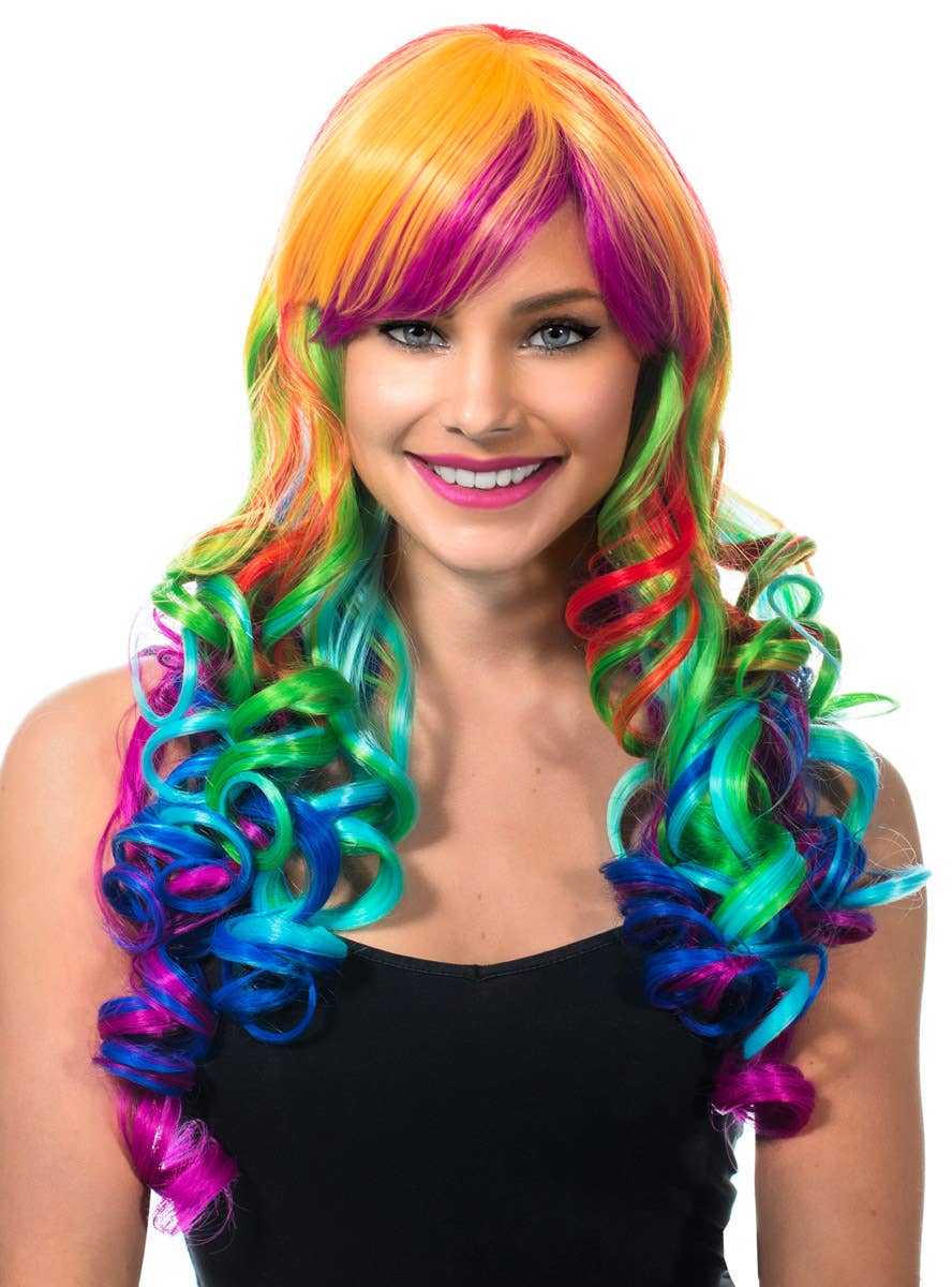 Image of Long Curly Rainbow Women's Costume Wig with Ponytail Clips - Main Image