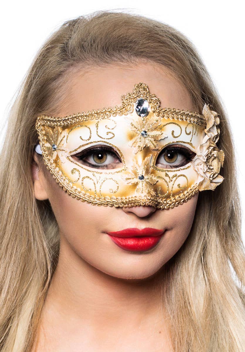 Women's Edwardian Masquerade Mask in Cream and Gold View 1