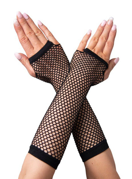 Elbow Length Black Fingerless Fishnet Costume Gloves - Main Image