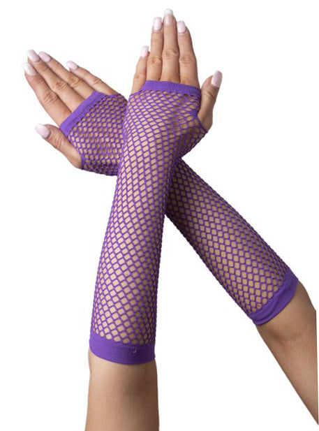 Elbow Length Dark Purple Fingerless Fishnet Costume Gloves - Main Image